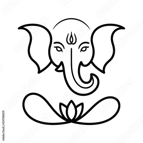 Line drawing of Ganesha on a lotus, suitable for cultural, spiritual, or religious designs or products targeting diverse audiences.
