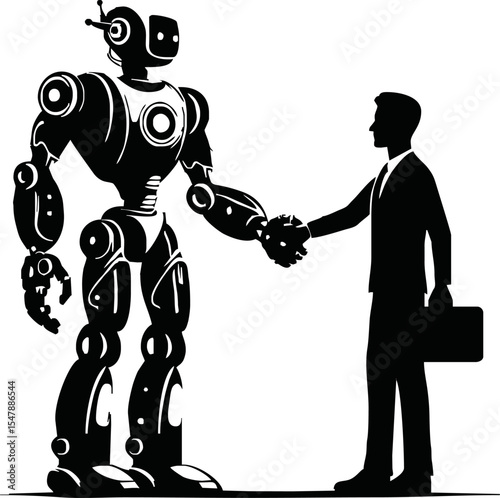 Silhouette of robot shaking hands with human vector style on white background