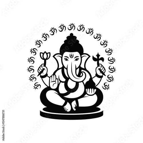 Black and white Ganesha illustration with om symbols. Perfect for spiritual designs, yoga studios, meditation materials, and Hindu cultural content.