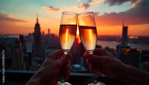  Romantic Sunset Toast with Champagne over City Skyline
two glasses of champagne 
