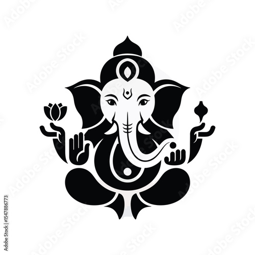 Black and white stylized Ganesha in lotus position. Suitable for spirituality, meditation, yoga, Indian culture themed designs.