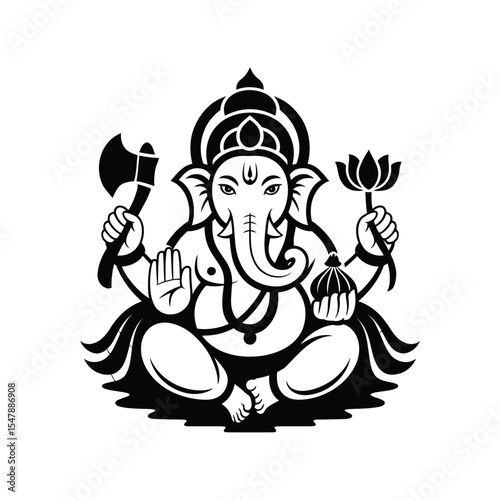 Ganesha drawing depicting deity holding axe, lotus, and sweet. Suitable for religiousthemed designs, posters, tattoos, and educational materials.