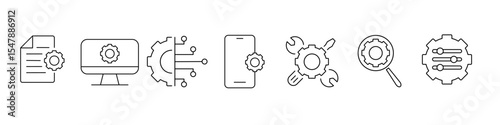 Gear linear icons set.
Settings for mobile app development, software tool interfaces and optimization panels. System configuration and automation tools. Vector illustration