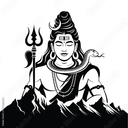 Shiva vector in black and white, hindu god on mountains. Suitable for spiritual designs, meditation materials, and cultural educational resources.