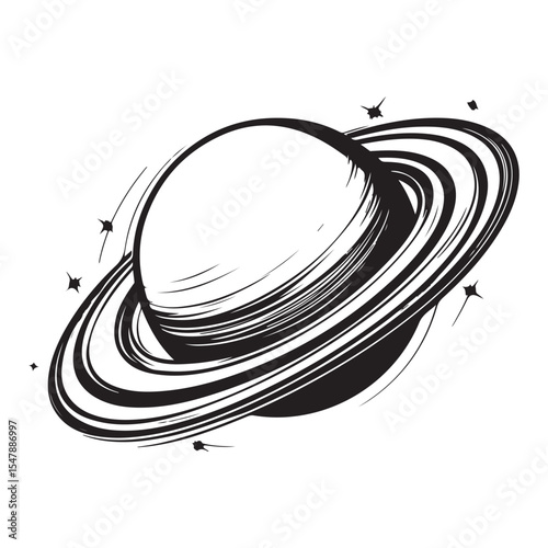 Black and white sketch illustration of a planet with rings resembling Saturn in space