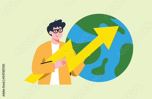 Smiling Man Holding Yellow Arrow Pointing Upward near Globe