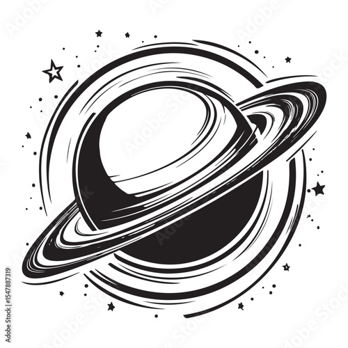 Black and white sketch illustration of a planet with rings resembling Saturn in space