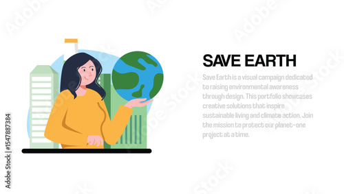 Smiling Woman Holding Earth Globe in Graphic Illustration Style