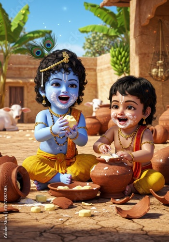 Janmashtami Poster of Krishna and Balaram Eating Butter | Mischievous Brothers Devotional Art

