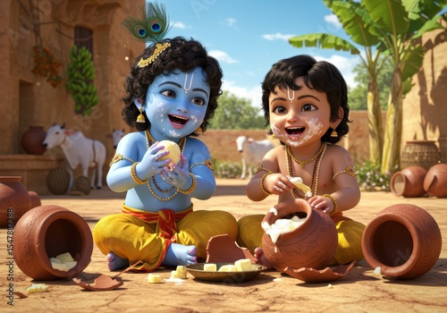 Janmashtami Devotional Art of Butter-Loving Krishna and Balaram as Children

