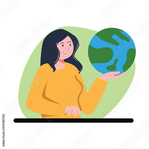 Smiling Woman Holding Green and Blue Earth Globe Illustration