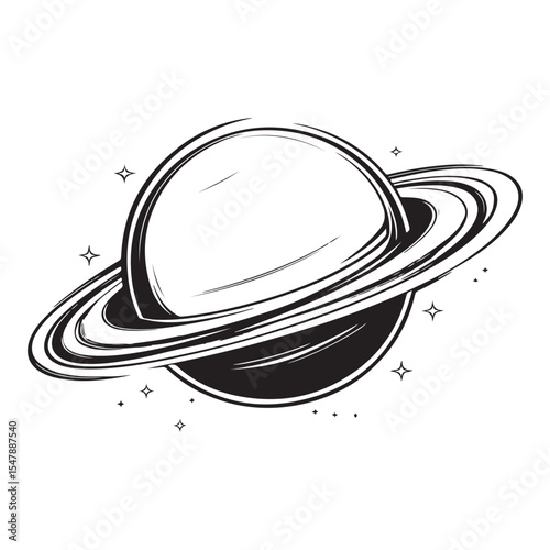 Black and white sketch illustration of a planet with rings resembling Saturn in space