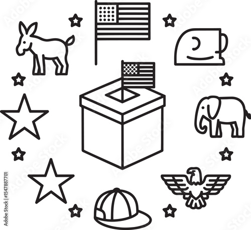 Black and White U S A Election Icons Ballot Box Donkey Elephant Eagle Stars American Flag Baseball Cap Coffee Mug 1