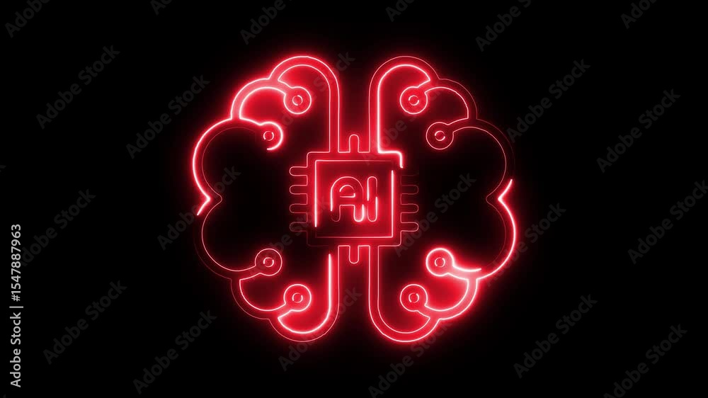 Glowing neon artificial intelligence icon isolated on black background. HD Video motion graphic animation