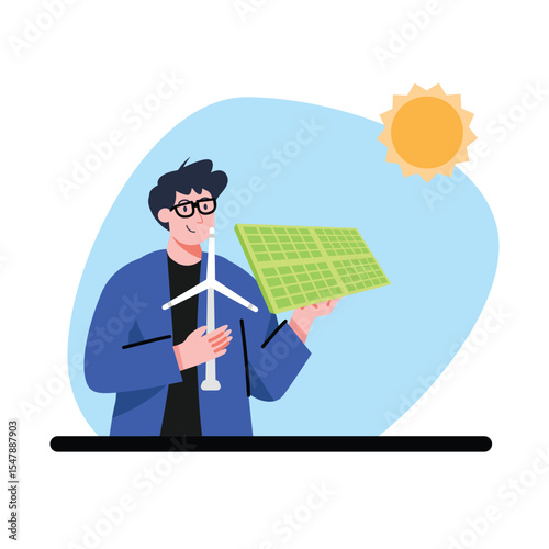 Enthusiastic Man Holding Solar Panel and Wind Turbine Model in Sunny Blue Setting