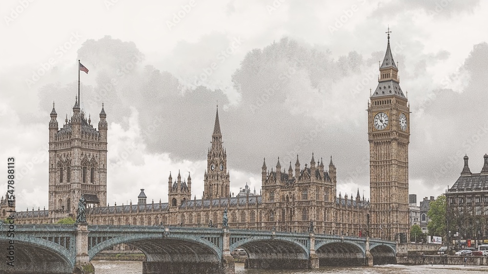 Overcast skies in London line art style with watercolor textures illustration Overcast skies in London line art style with watercolor textures illustration