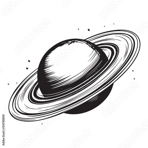 Black and white sketch illustration of a planet with rings resembling Saturn in space