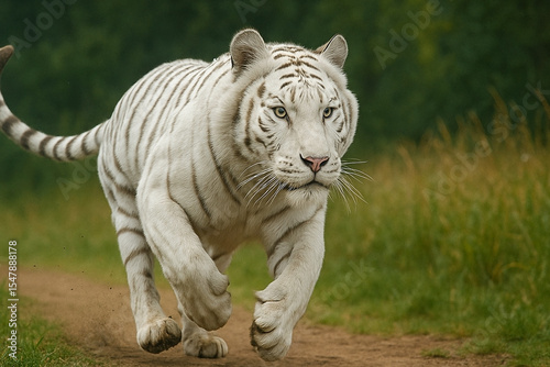 A white tiger is running in the grass