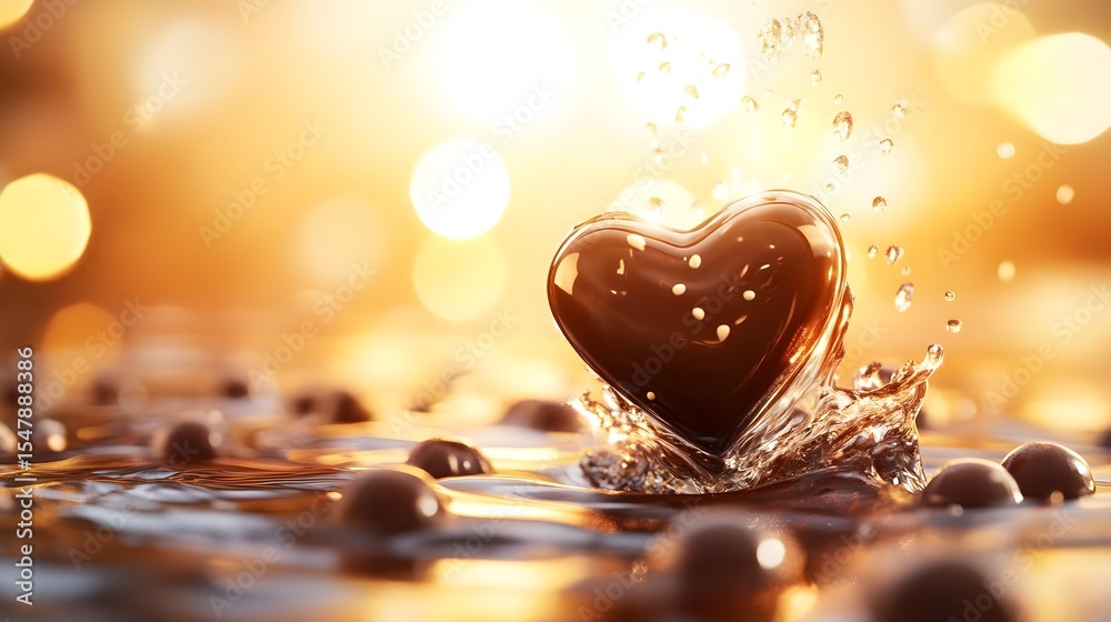 Fototapeta premium Chocolate heart, Heart shape, Liquid chocolate, Chocolate Heart Splashing into Liquid Chocolate