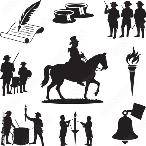 Black Silhouette Collection Historical Figures Events Signing Declaration Quill Horse Rider Musicians Torch Bell 1