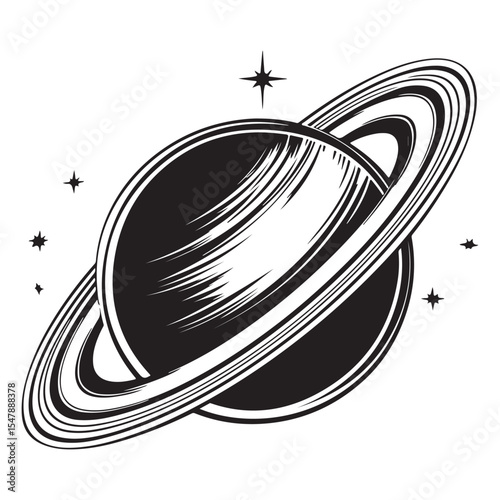 Black and white sketch illustration of a planet with rings resembling Saturn in space