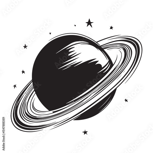 Black and white sketch illustration of a planet with rings resembling Saturn in space