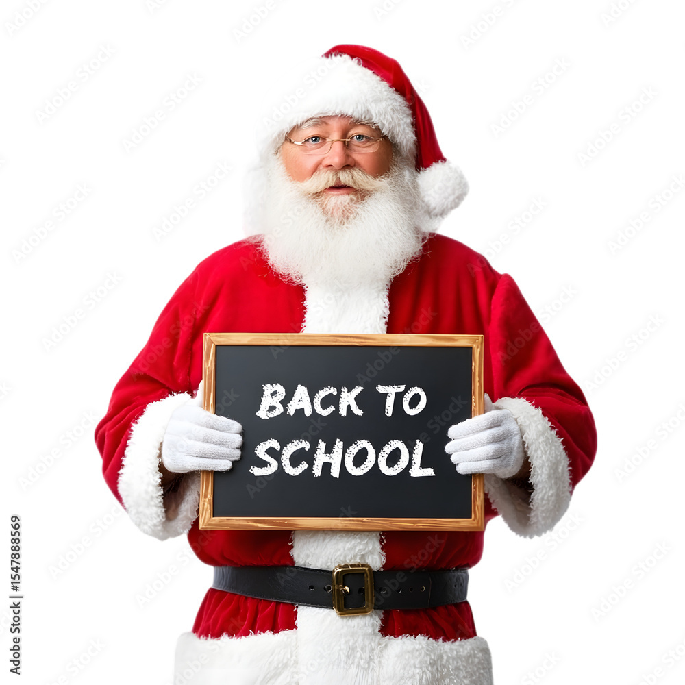Naklejka premium Santa claus and a blackboard with text back to school isolated on white background. Ai Generated Images