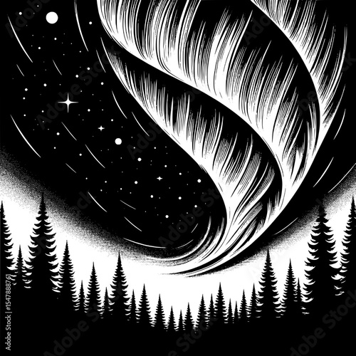 Black and White Vector of a Northern Lights Sky
