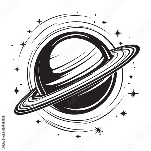Black and white sketch illustration of a planet with rings resembling Saturn in space