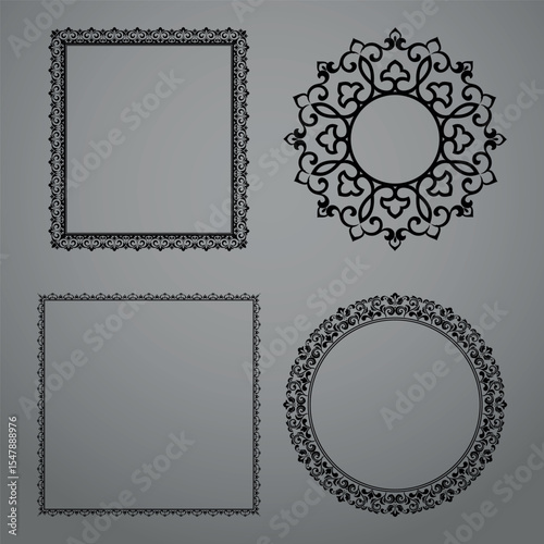 Set of decorative frames Elegant vector element for design in Eastern style, place for text. Floral black and gray borders. Lace illustration for invitations and greeting cards