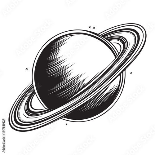 Black and white sketch illustration of a planet with rings resembling Saturn in space