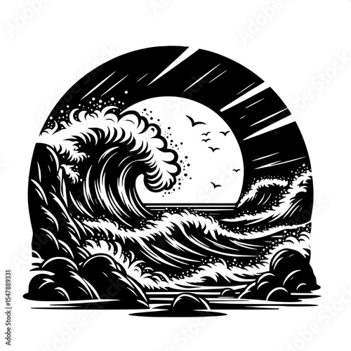 Black and White Vector of a Rocky Coastline