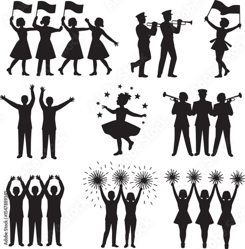 Black Silhouette Folk Dancers With Flags And Musicians Celebrating Triumphant Performance white