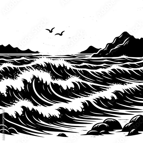 Black and White Vector of a Rocky Coastline