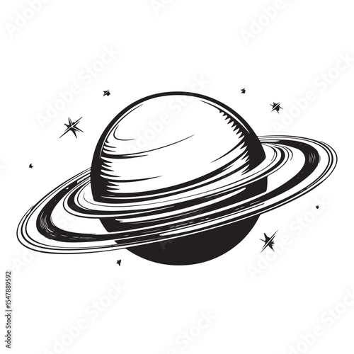 Black and white sketch illustration of a planet with rings resembling Saturn in space