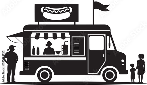Black Silhouette Hot Dog Food Truck Family Customers Flag Vendor foodtruck hotdog