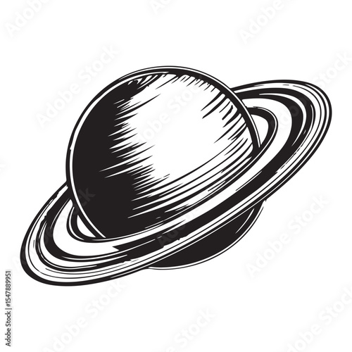 Black and white sketch illustration of a planet with rings resembling Saturn in space