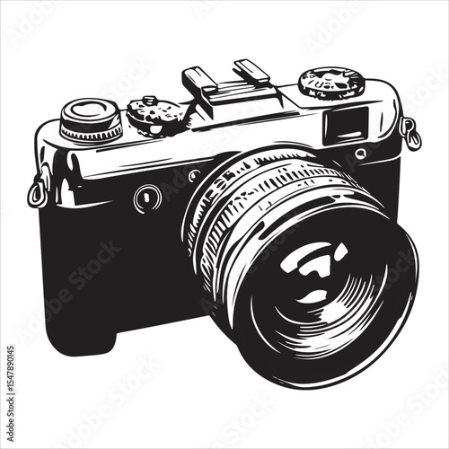 Camera silhouette vector art illustration, DSLR camera black silhouette vector, Simple silhouette Design vector icon with white background, A sleek, black silhouette of a DSLR/SLR camera