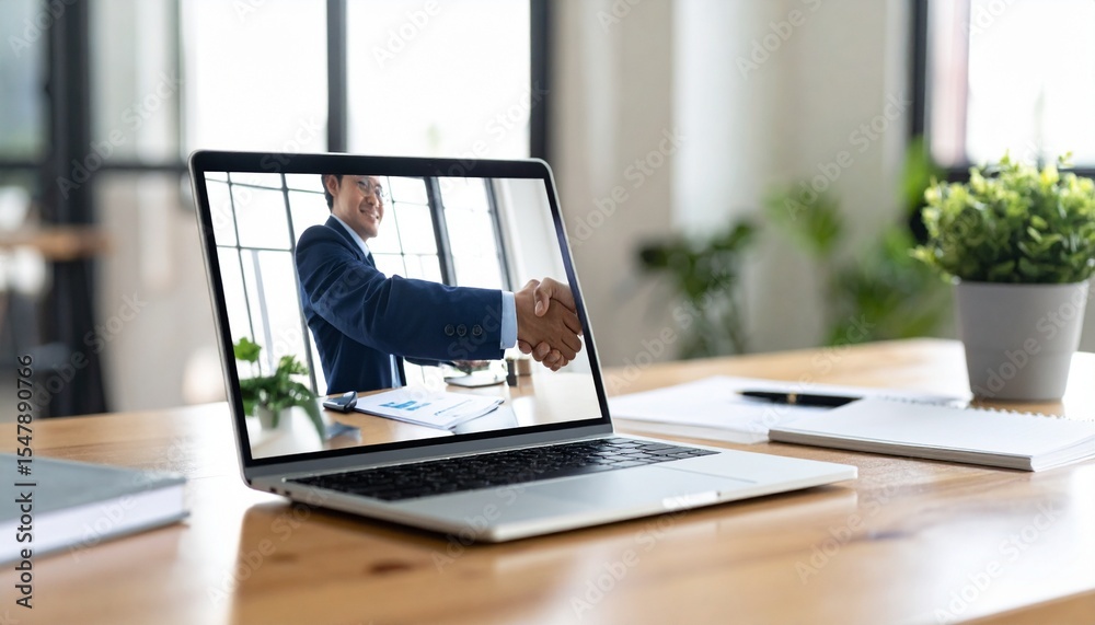 Fototapeta premium Realistic photo of a video call on a laptop screen showing two professionals shaking hands virtually, one in a home office and one in a corporate office, symbolizing remote collaboration