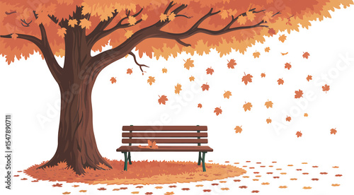 Autumnal Scene Brown Wooden Park Bench Underneath Large Maple Tree Orange Leaves Falling Ground vector