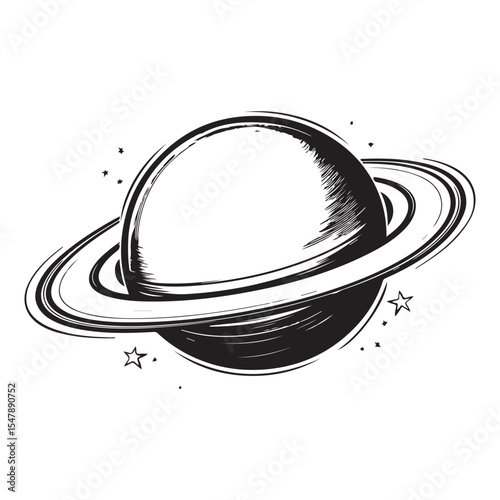 Black and white sketch illustration of a planet with rings resembling Saturn in space