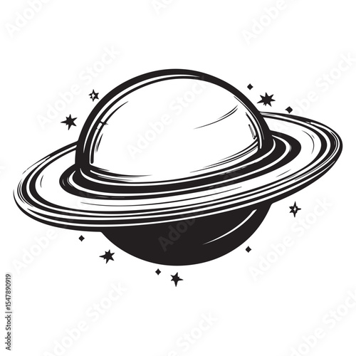 Black and white sketch illustration of a planet with rings resembling Saturn in space