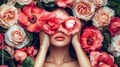 Woman, Face, Flowers, Woman's face hidden behind pink flowers