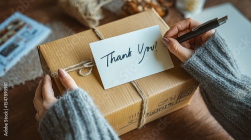 A customer unboxing a delivery package with branded wrapping paper and a handwritten thank-you card