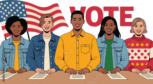 Diverse Group of Young Adults at Table with Voting Papers American Flag Vote Text Illustration people