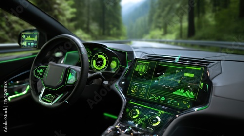 A futuristic electric vehicle dashboard powered by green energy, driver monitoring eco-efficiency data