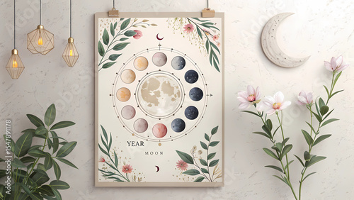 Moon phases art print lunar cycle wall decor celestial art astrology poster moon calendar home decoration