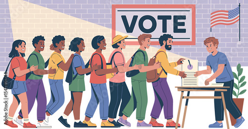 Diverse Young Adults Line Up to Vote at Polling Station American Flag Brick Wall Background voting election