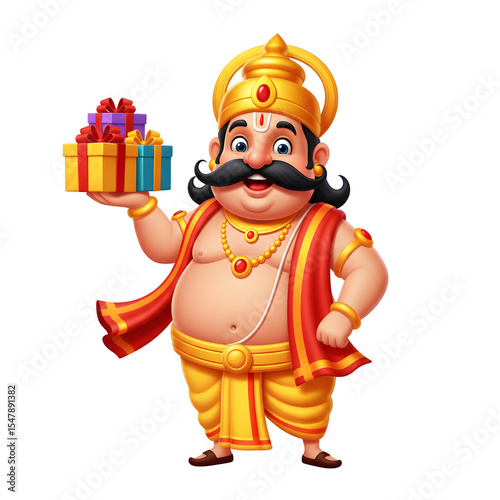 Cartoon king mahabali holding gift boxes for onam festival celebration, isolated on transparent background 