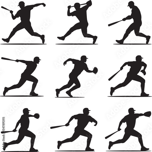 Eight Black Silhouettes Baseball Player Actions Dynamic Poses Running Batting Catching white